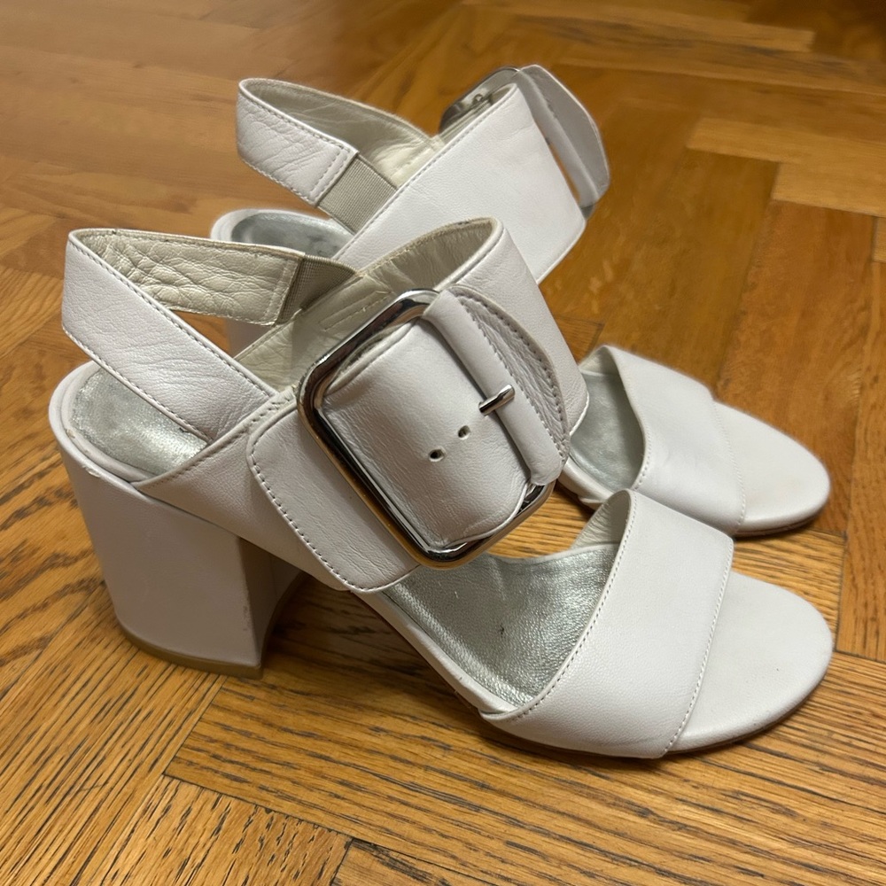 Stuart Weitzman White Leather Block Heel Buckle Sandal Designer Summer Shoe 5.5